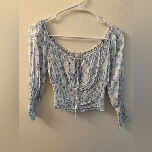 Wayf White and Light Blue Floral Tie-Front Smocked Crop Top Size XS